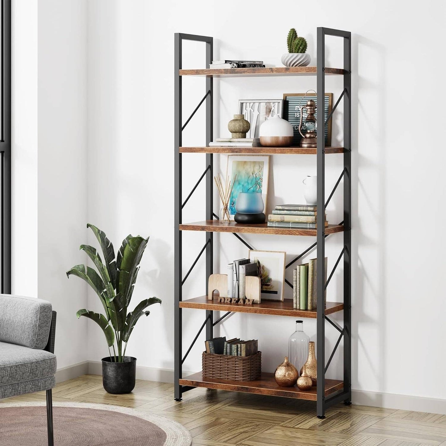 Bookshelf, 5 Tier Bookshelf, Tall Bookcase Shelf for Cds/Movies/Books, Home Office Bookcase Shelf Storage Organizer, Modern Book Shelf for Bedroom/Living Room/Home Office, Rustic Brown