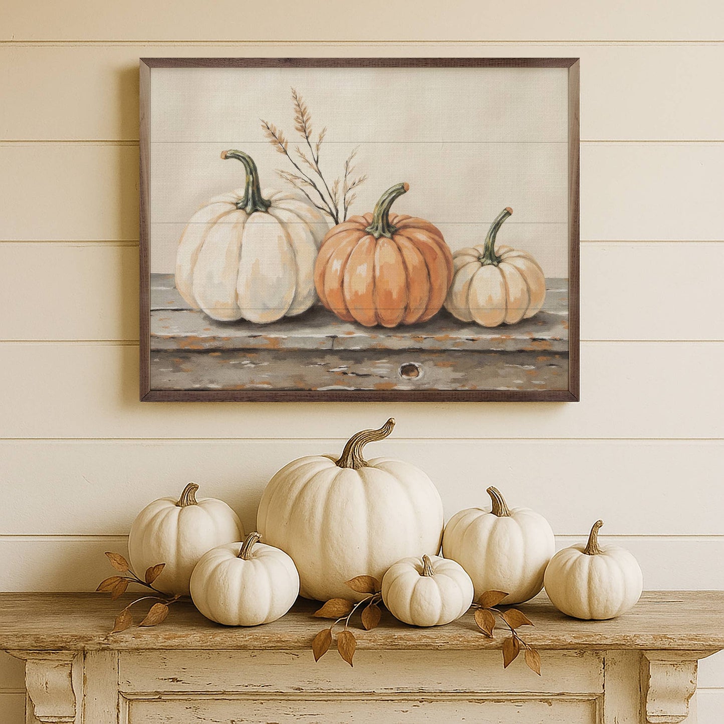 Pumpkins On A Rustic Shelf