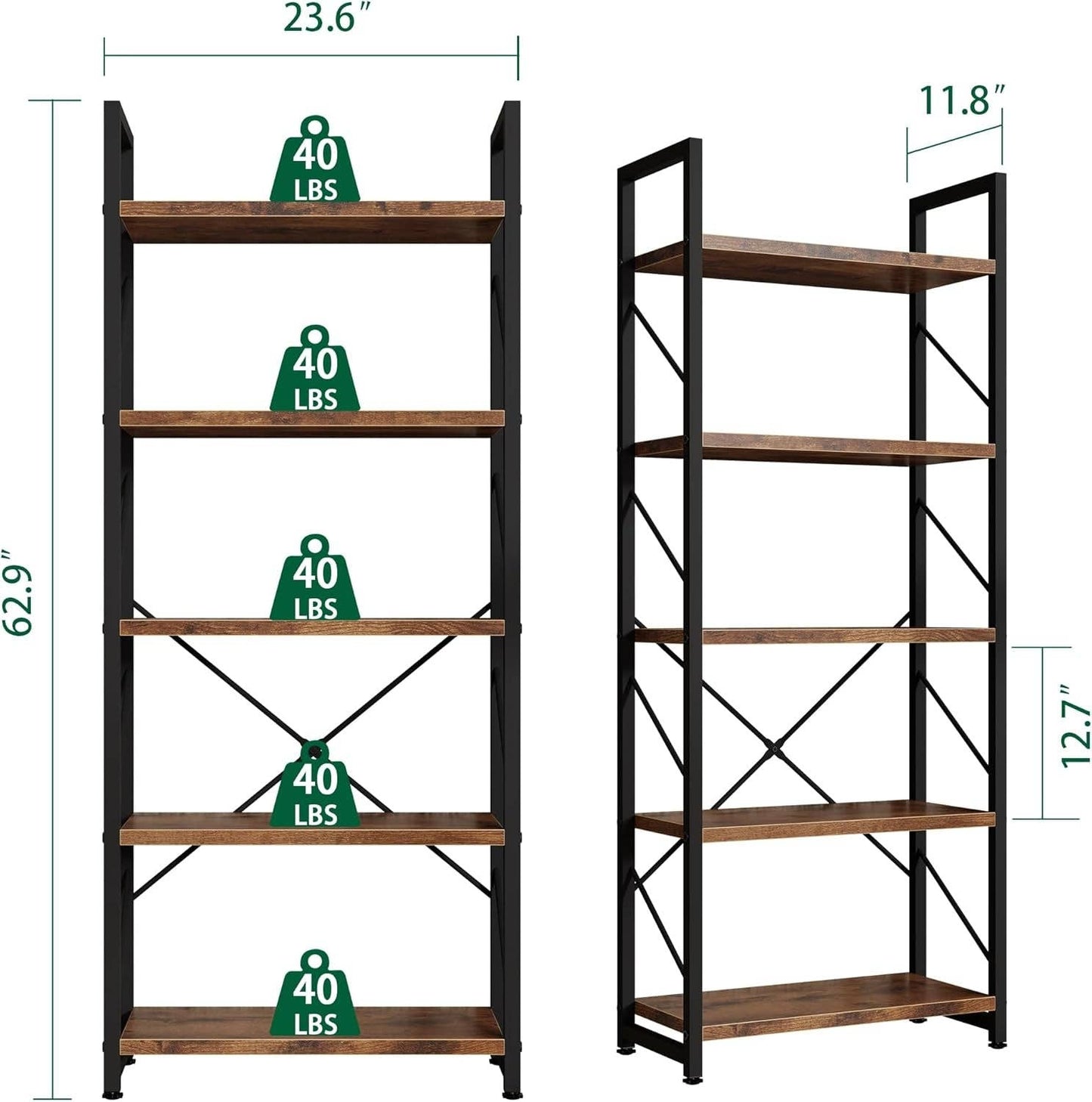 Bookshelf, 5 Tier Bookshelf, Tall Bookcase Shelf for Cds/Movies/Books, Home Office Bookcase Shelf Storage Organizer, Modern Book Shelf for Bedroom/Living Room/Home Office, Rustic Brown