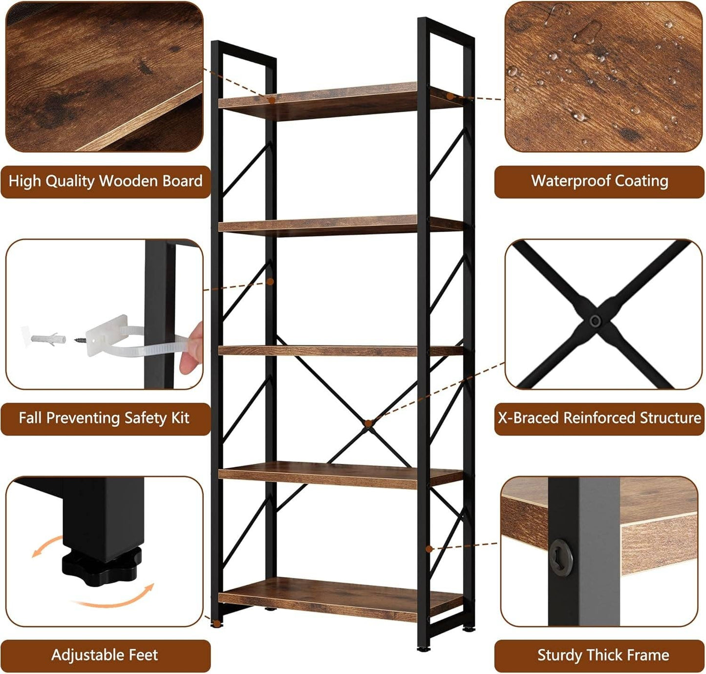 Bookshelf, 5 Tier Bookshelf, Tall Bookcase Shelf for Cds/Movies/Books, Home Office Bookcase Shelf Storage Organizer, Modern Book Shelf for Bedroom/Living Room/Home Office, Rustic Brown