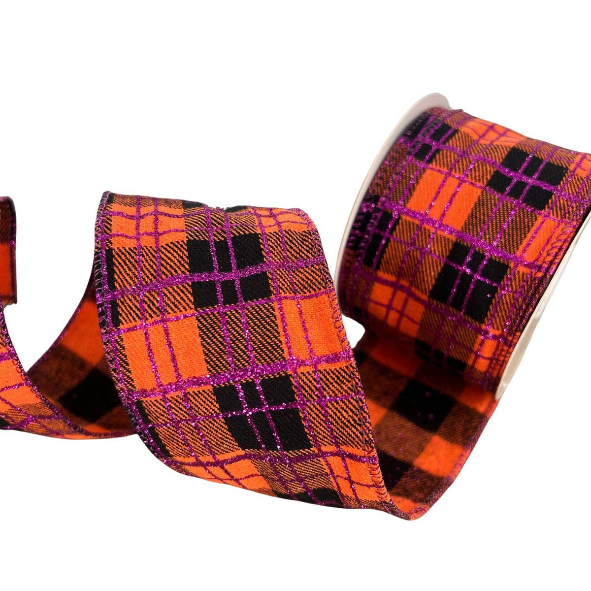 Orange/Black Plaid Ribbon With Purple Glitter 2.5" x 10yd