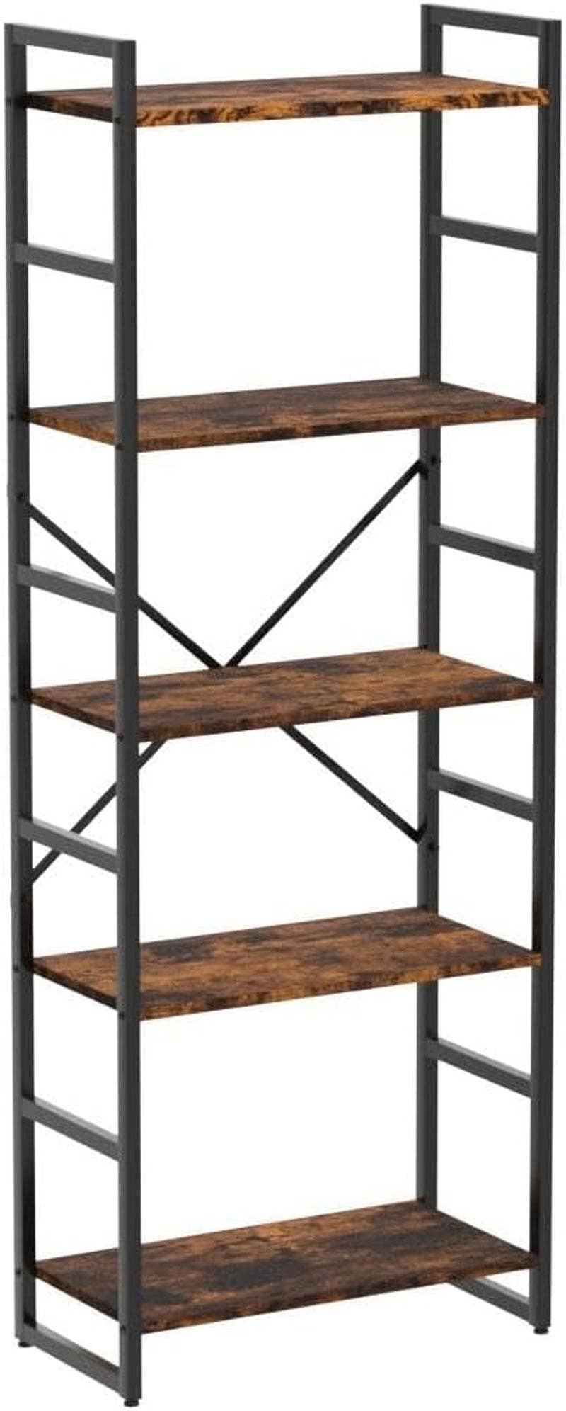 Bookshelf, 5 Tier Bookshelf, Tall Bookcase Shelf for Cds/Movies/Books, Home Office Bookcase Shelf Storage Organizer, Modern Book Shelf for Bedroom/Living Room/Home Office, Rustic Brown