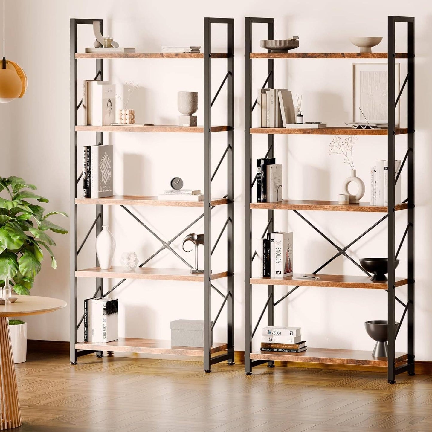 Bookshelf, 5 Tier Bookshelf, Tall Bookcase Shelf for Cds/Movies/Books, Home Office Bookcase Shelf Storage Organizer, Modern Book Shelf for Bedroom/Living Room/Home Office, Rustic Brown