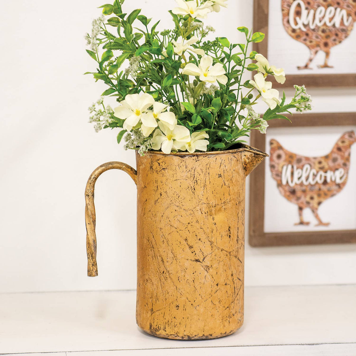 Distressed Golden Metal Pitcher