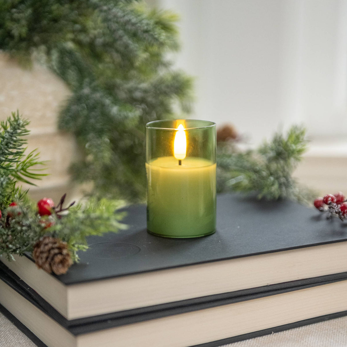 3" PINE GREEN GLASS 3D FLAME CANDLE