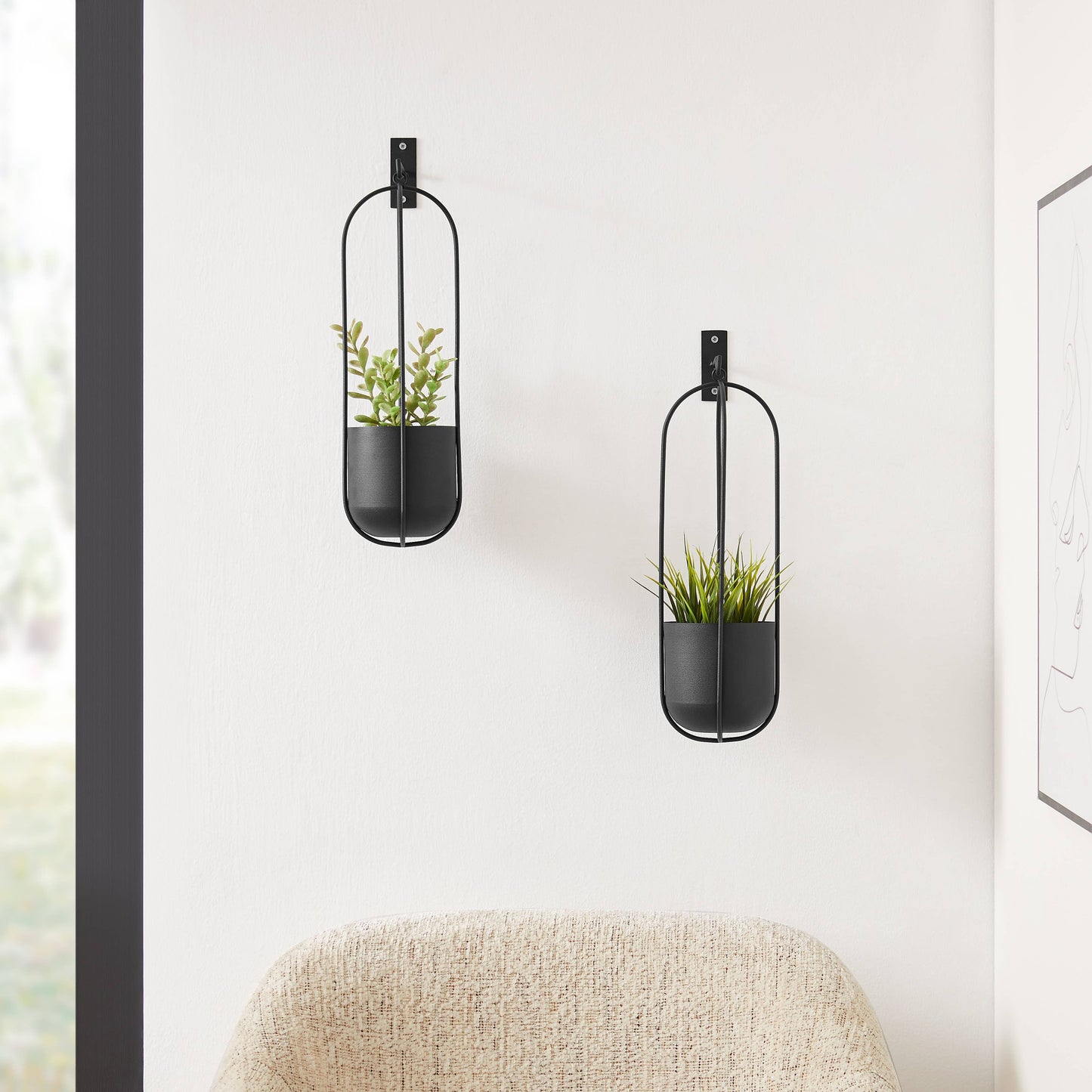 Walter 2-Piece Modern Black Oval Hanging Wall Planter Set