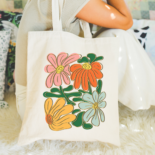 Retro Floral Canvas Tote Bag Colorful Groovy Flowers Boho