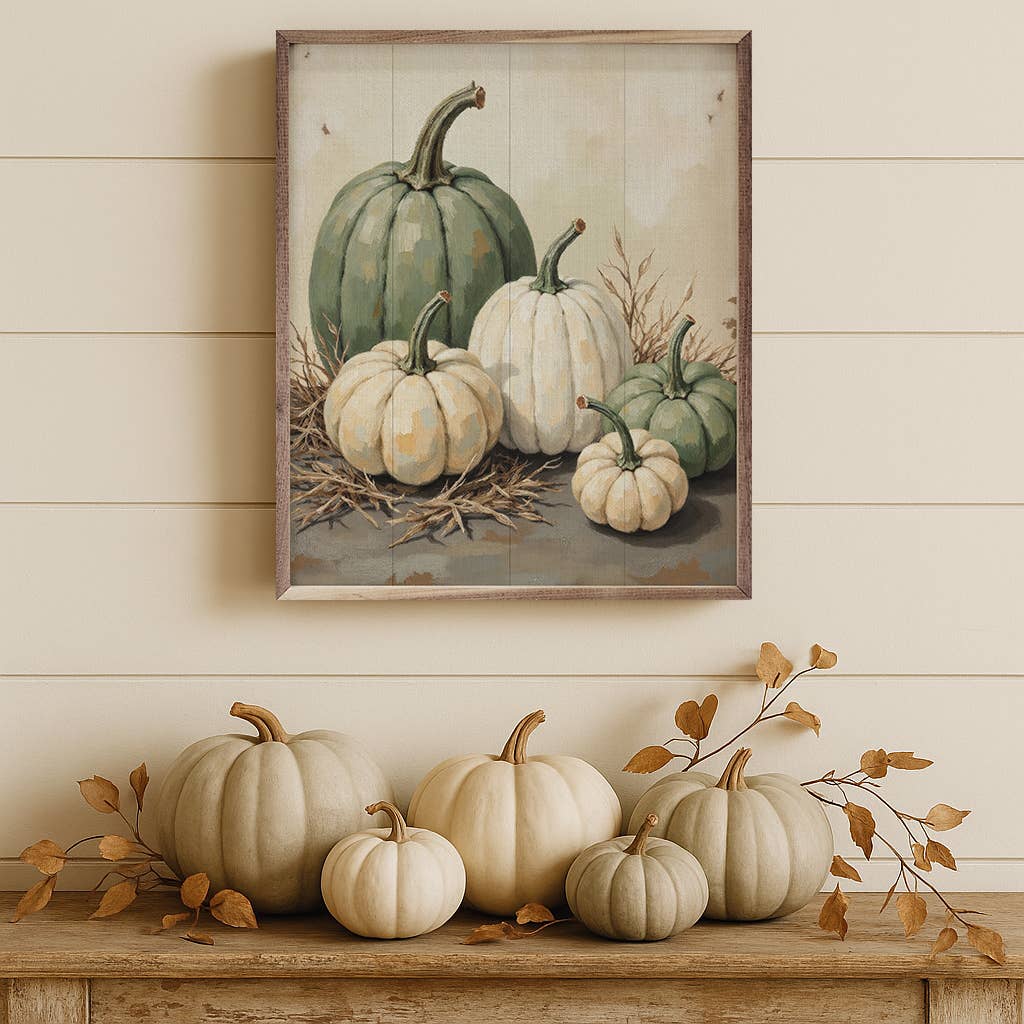 Green And White Pumpkins In Straw