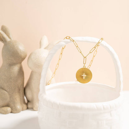 Gold Stainless Steel Sunburst Cross Paperclip Charm Necklace