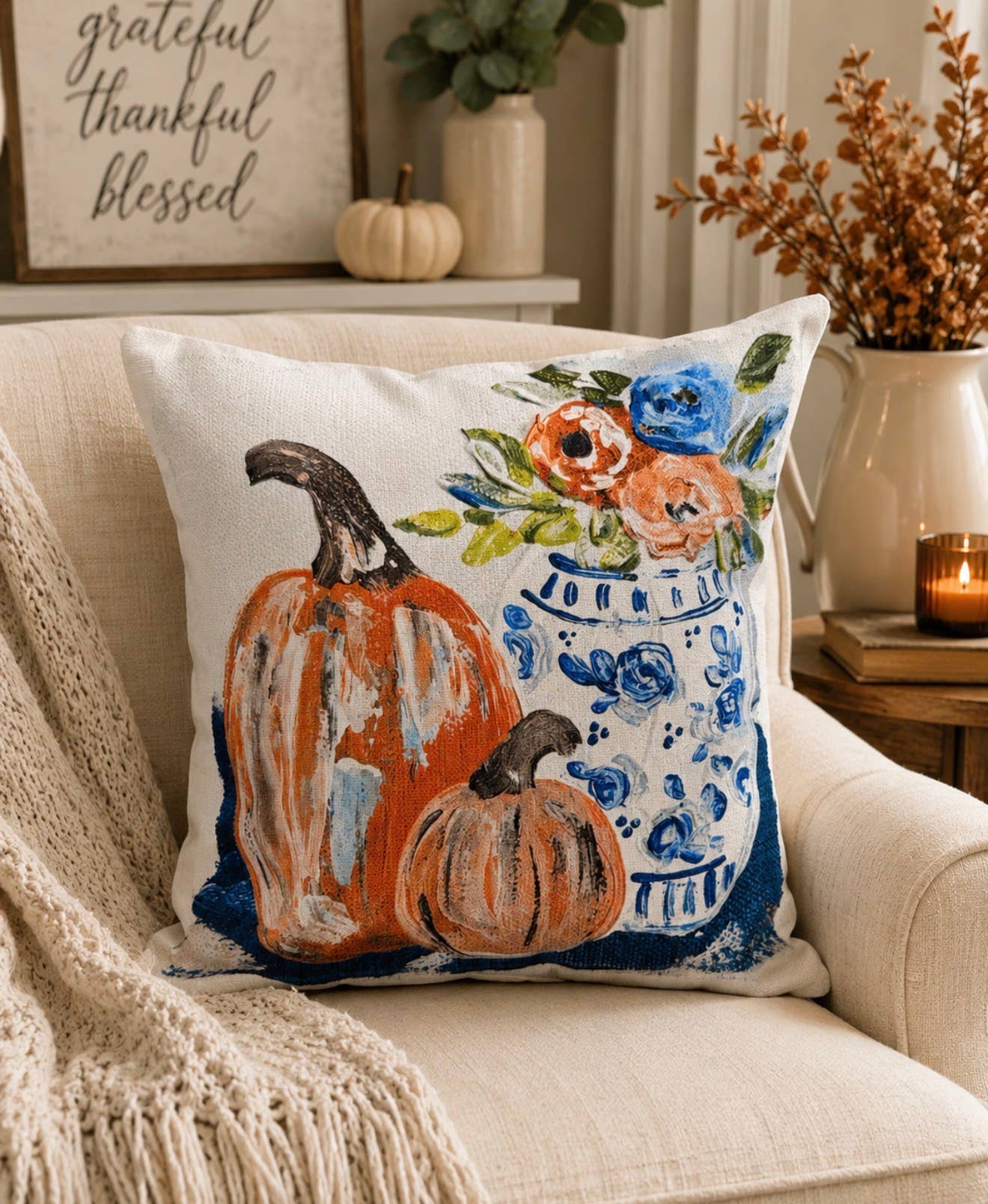 Chinoiserie Vase and Pumpkins Pillow