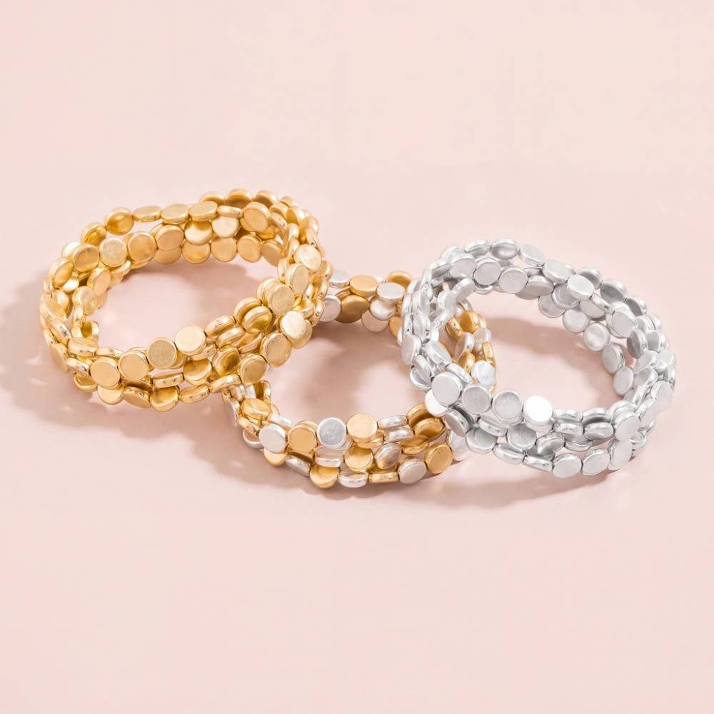 Two-Tone Hammered Flat Disc Stretch Bracelet Set