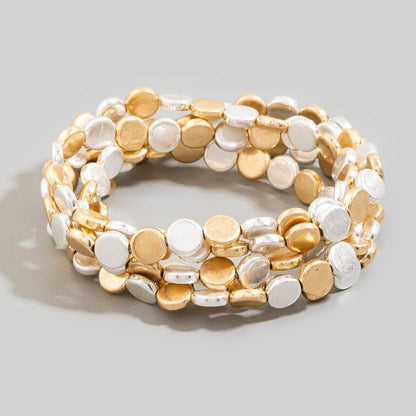 Two-Tone Hammered Flat Disc Stretch Bracelet Set