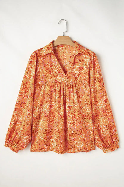 Abstract Print Collared V Neck Babydoll Blouse