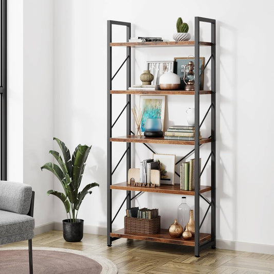 Bookshelf, 5 Tier Bookshelf, Tall Bookcase Shelf for Cds/Movies/Books, Home Office Bookcase Shelf Storage Organizer, Modern Book Shelf for Bedroom/Living Room/Home Office, Rustic Brown