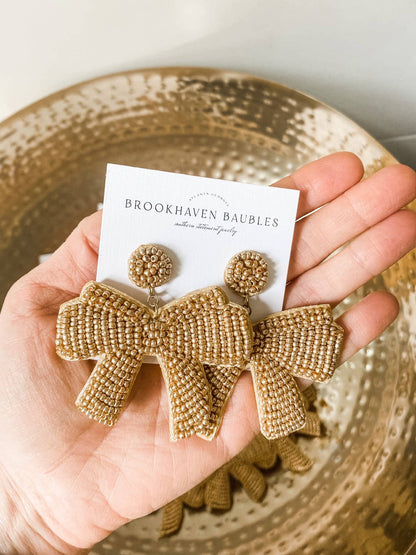 Gold Bow Beaded Statement Christmas Earrings
