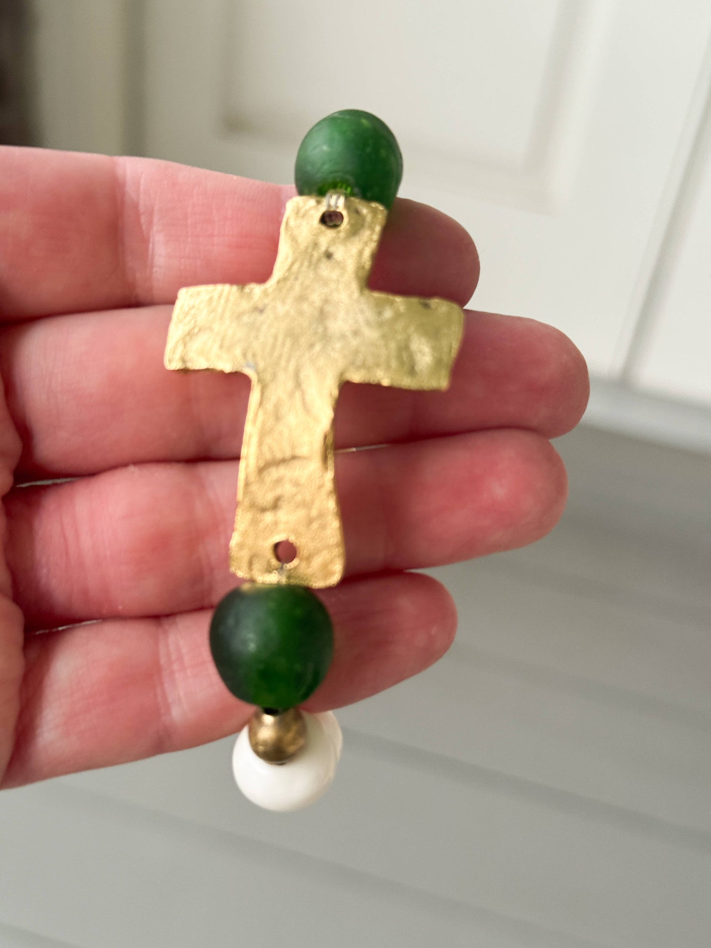 Gold Cross, Bone and Green Glass Bead Stretch Bracelet