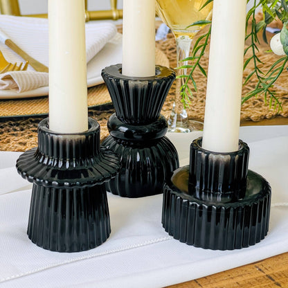 Vintage Ribbed Black Glass Candle/Candlestick Holders Set of
