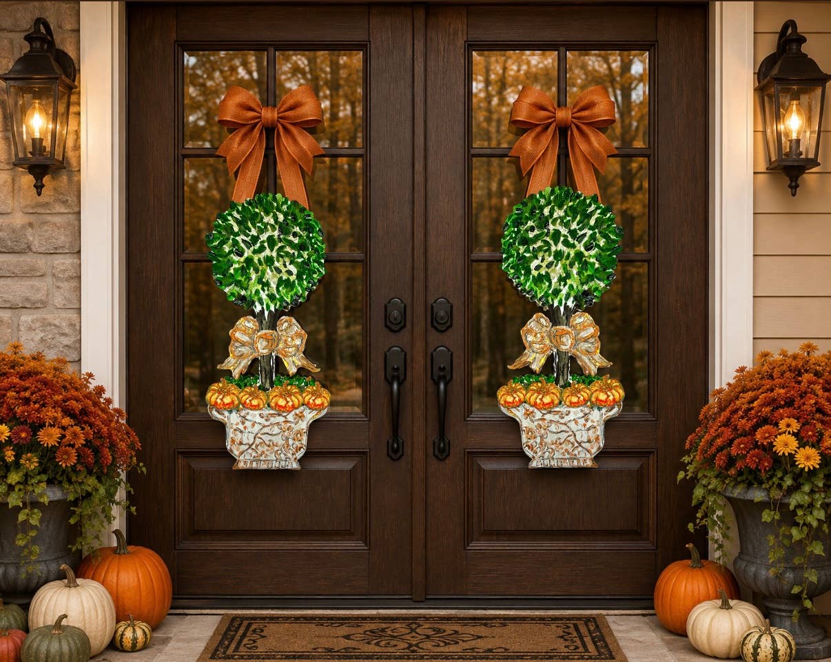 LARGE Designer PAIR of Chinois Pumpkin Topiary Door Hangers