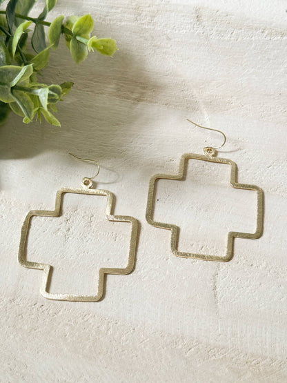 Light Brushed Gold Square Cross Statement Earrings