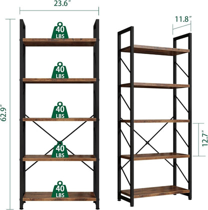 Bookshelf, 5 Tier Bookshelf, Tall Bookcase Shelf for Cds/Movies/Books, Home Office Bookcase Shelf Storage Organizer, Modern Book Shelf for Bedroom/Living Room/Home Office, Rustic Brown