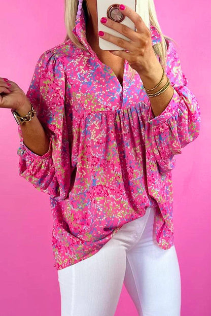 Abstract Print Collared V Neck Babydoll Blouse
