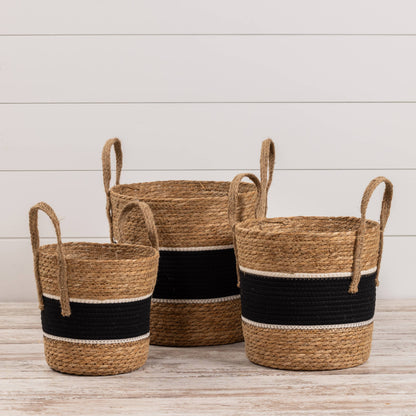 SET/ 3 WOVEN RATTAN BASKETS W/ BLACK STRIPE