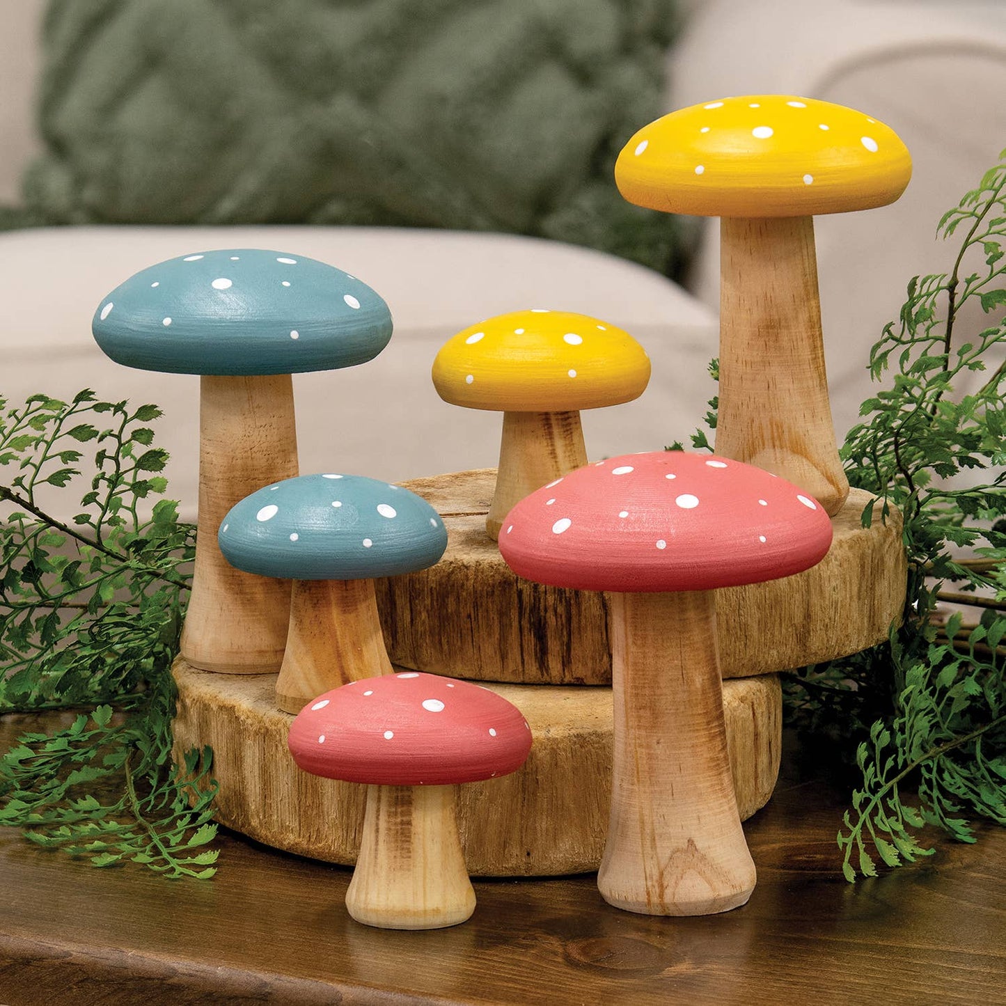 2/Set - White Dotted Blue Wood Mushrooms