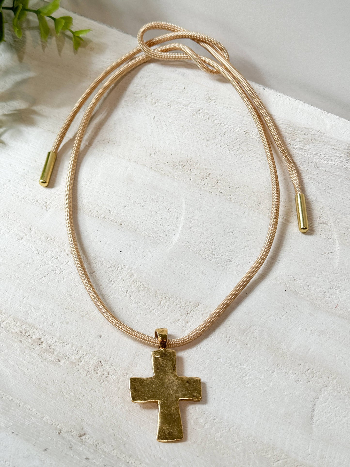 Light Gold Cord + Hammered Gold Cross Necklace 