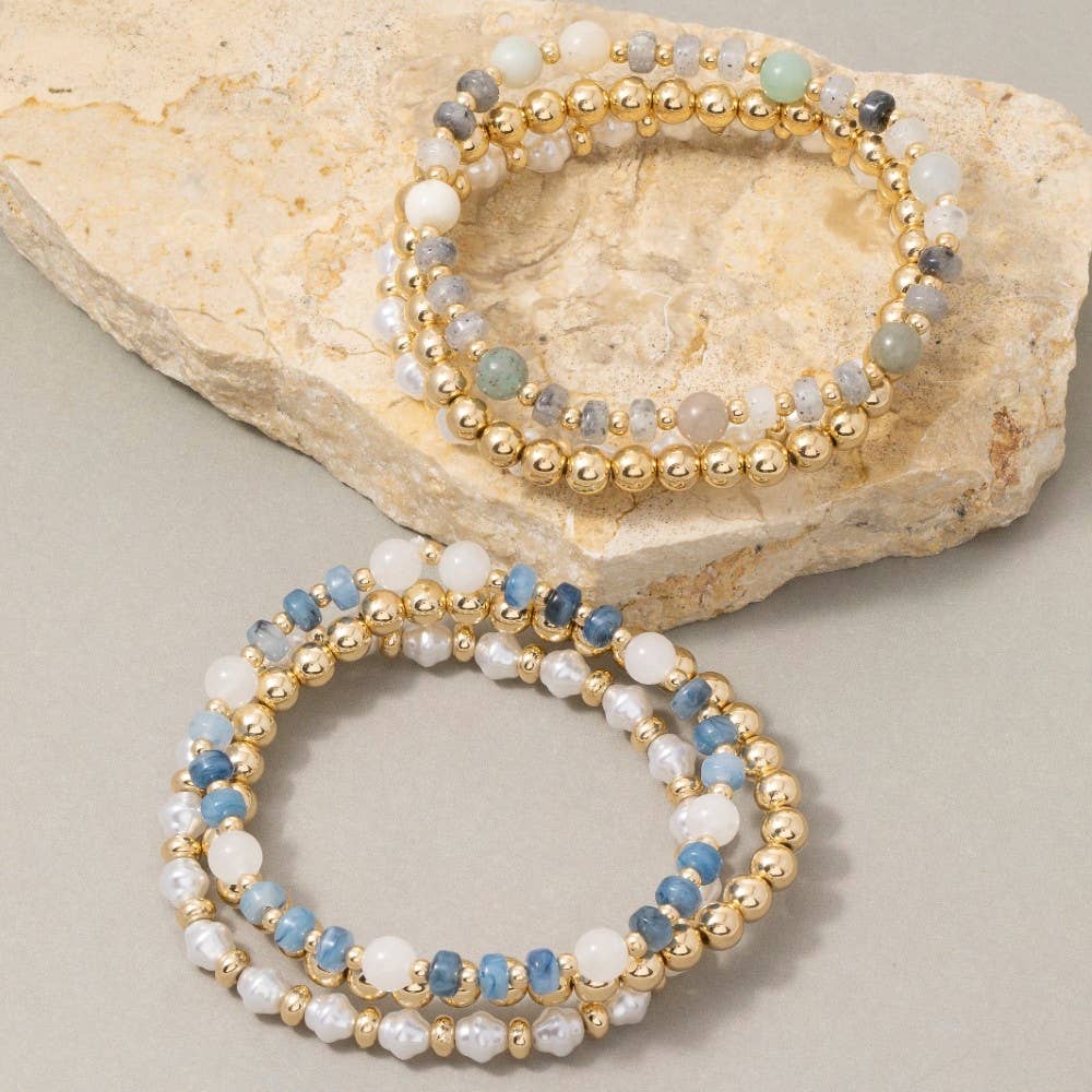 Stone, Pearl & Gold Ball Beaded Stretch Bracelet Set
