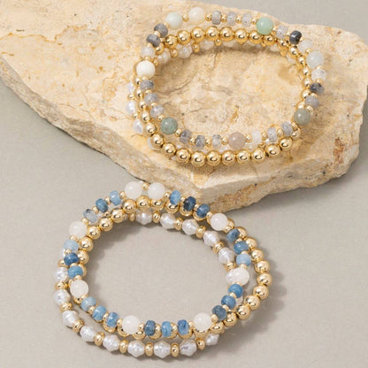 Stone, Pearl & Gold Ball Beaded Stretch Bracelet Set