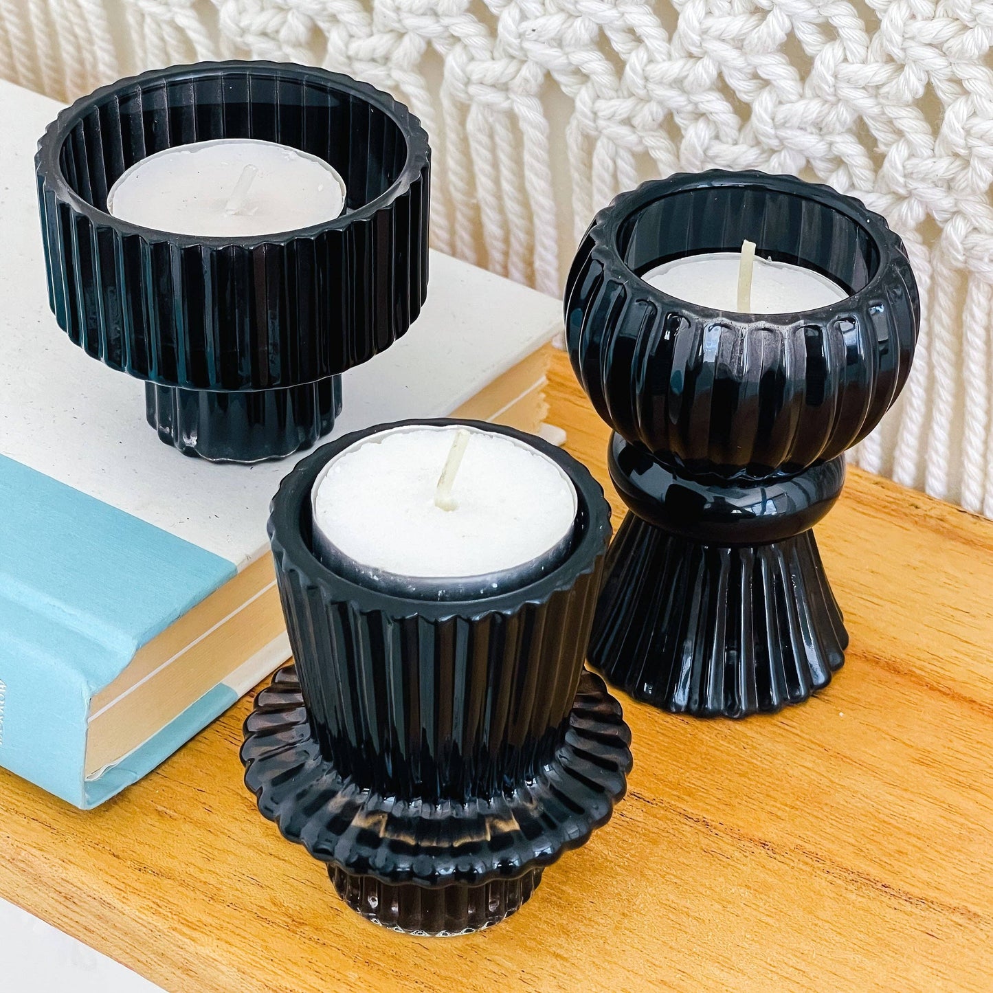 Vintage Ribbed Black Glass Candle/Candlestick Holders Set of