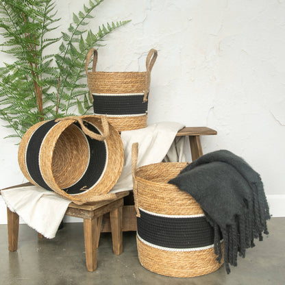 SET/ 3 WOVEN RATTAN BASKETS W/ BLACK STRIPE