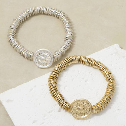 Engraved Sun Medallion Disc Stack Bracelet