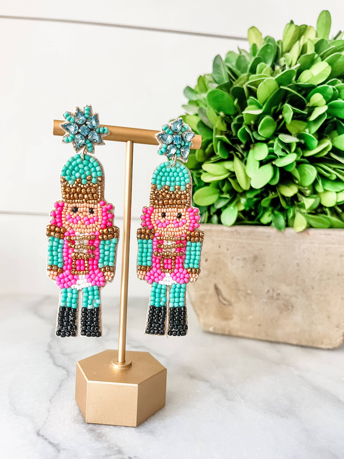 Nutcracker beaded earrings Pink & Turquoise 