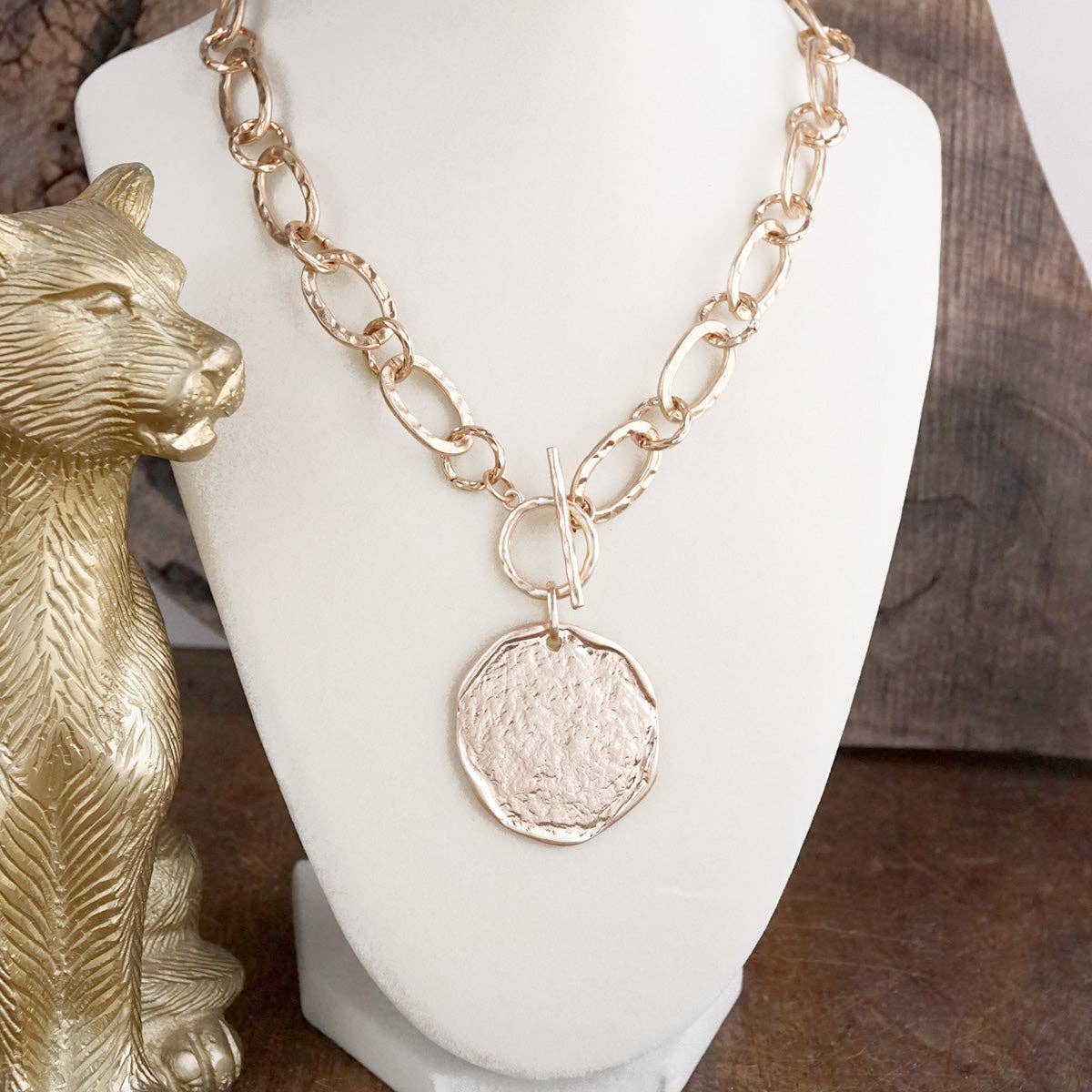 Nomad Glow – Front Toggle Statement Necklace with Hammered Disc