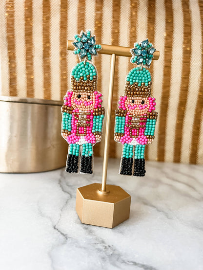 Nutcracker beaded earrings Pink & Turquoise 