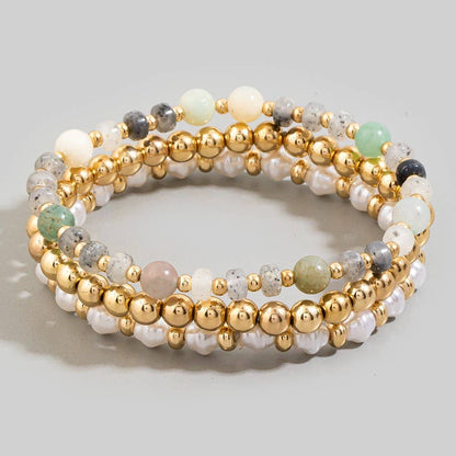 Stone, Pearl & Gold Ball Beaded Stretch Bracelet Set