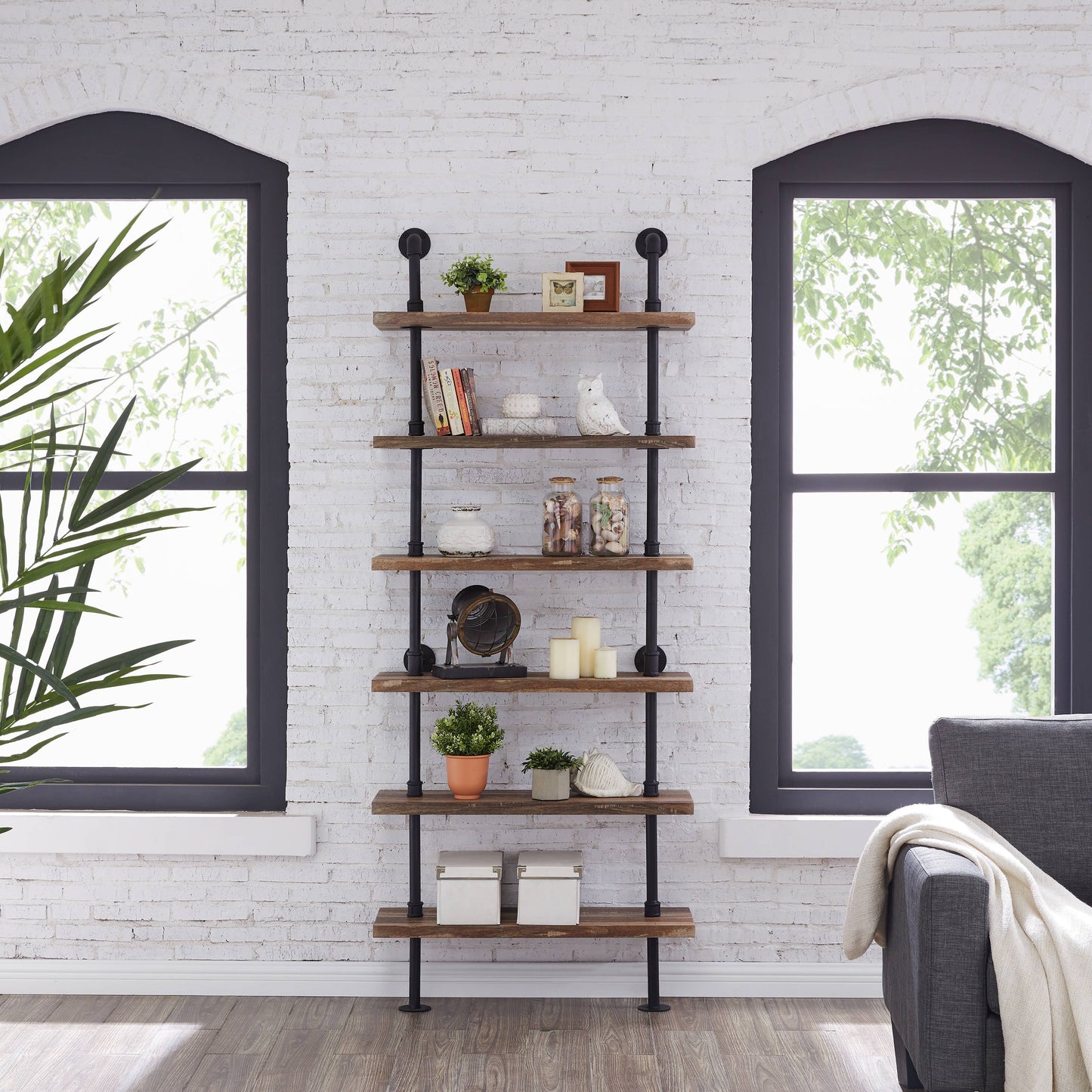 Industrial Modern Rustic 6-Tier Iron Pipe Wall Mount Shelf