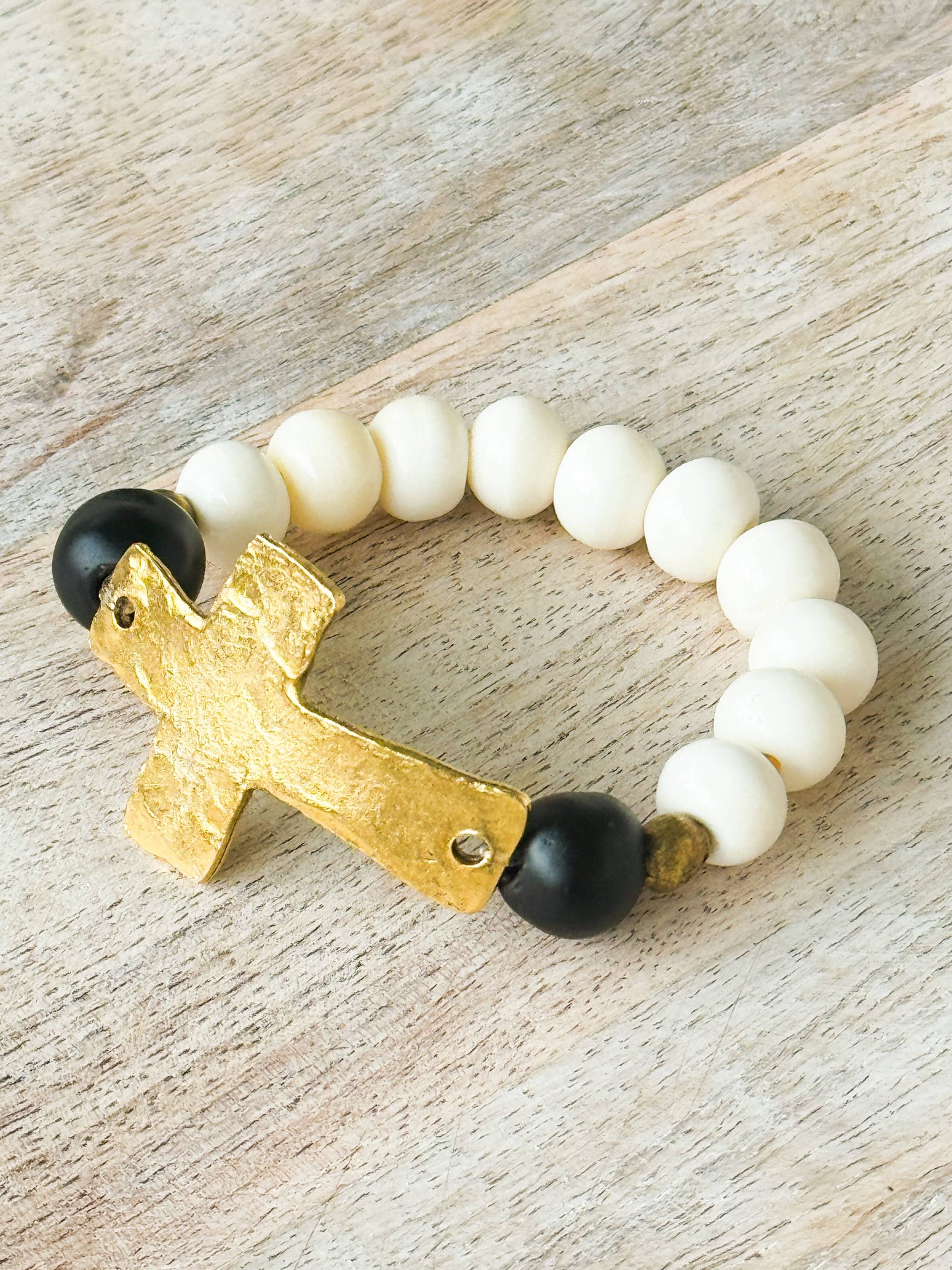 Rustic Gold Cross, Bone and Glass Bead Stretch Bracelet