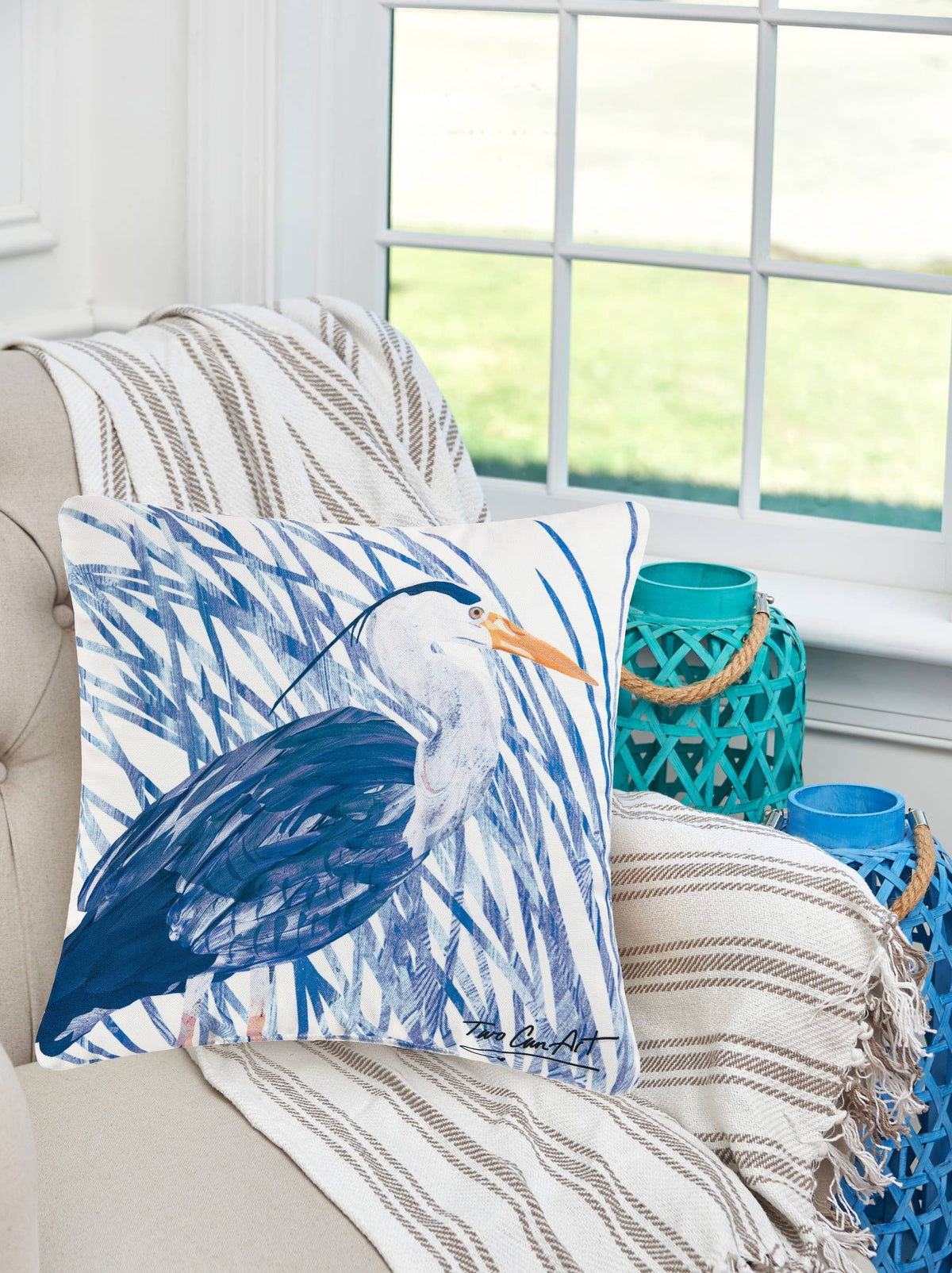 Coastal Blue Heron Bird Indoor/Outdoor Throw Pillow
