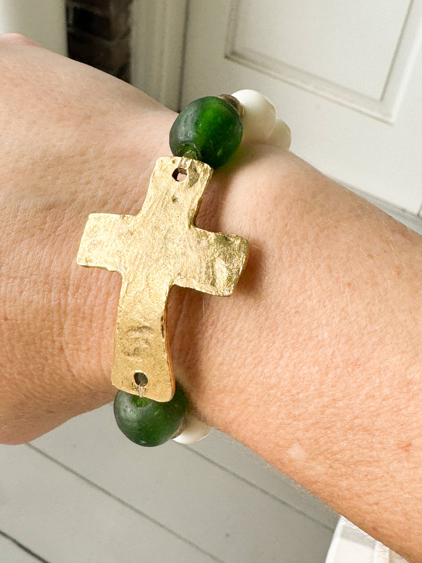 Gold Cross, Bone and Green Glass Bead Stretch Bracelet