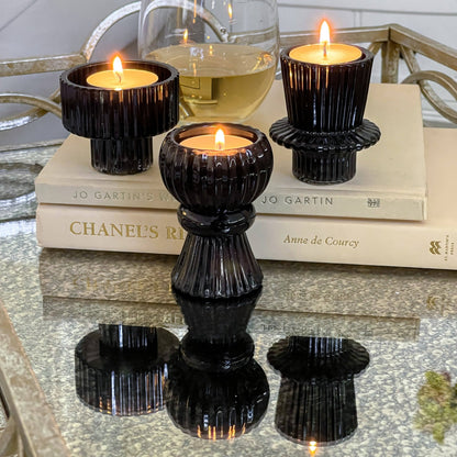 Vintage Ribbed Black Glass Candle/Candlestick Holders Set of