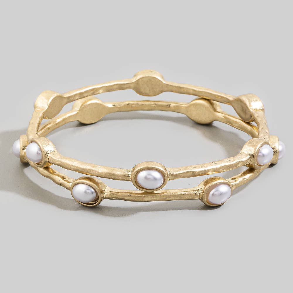 Oval Stone Station Hammered Bangle Set