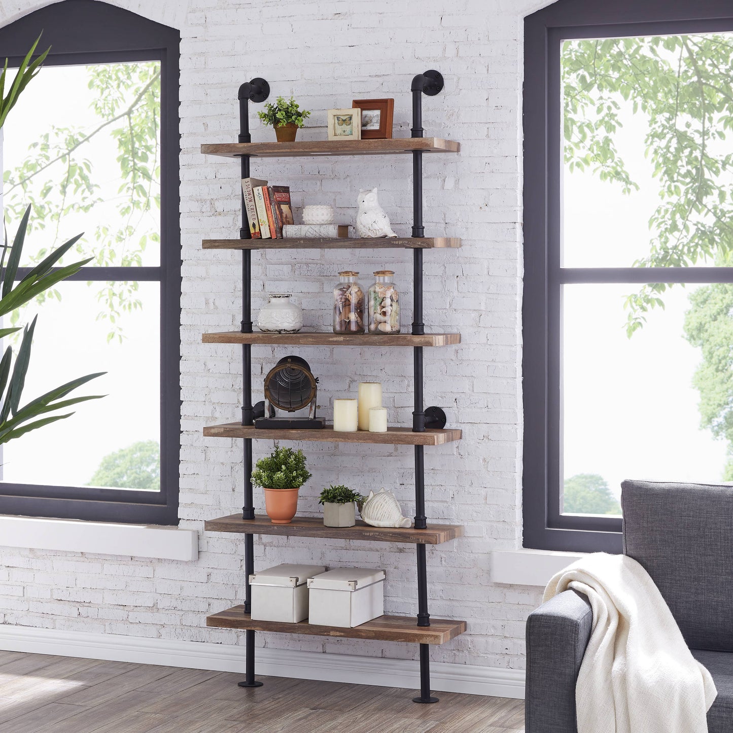Industrial Modern Rustic 6-Tier Iron Pipe Wall Mount Shelf