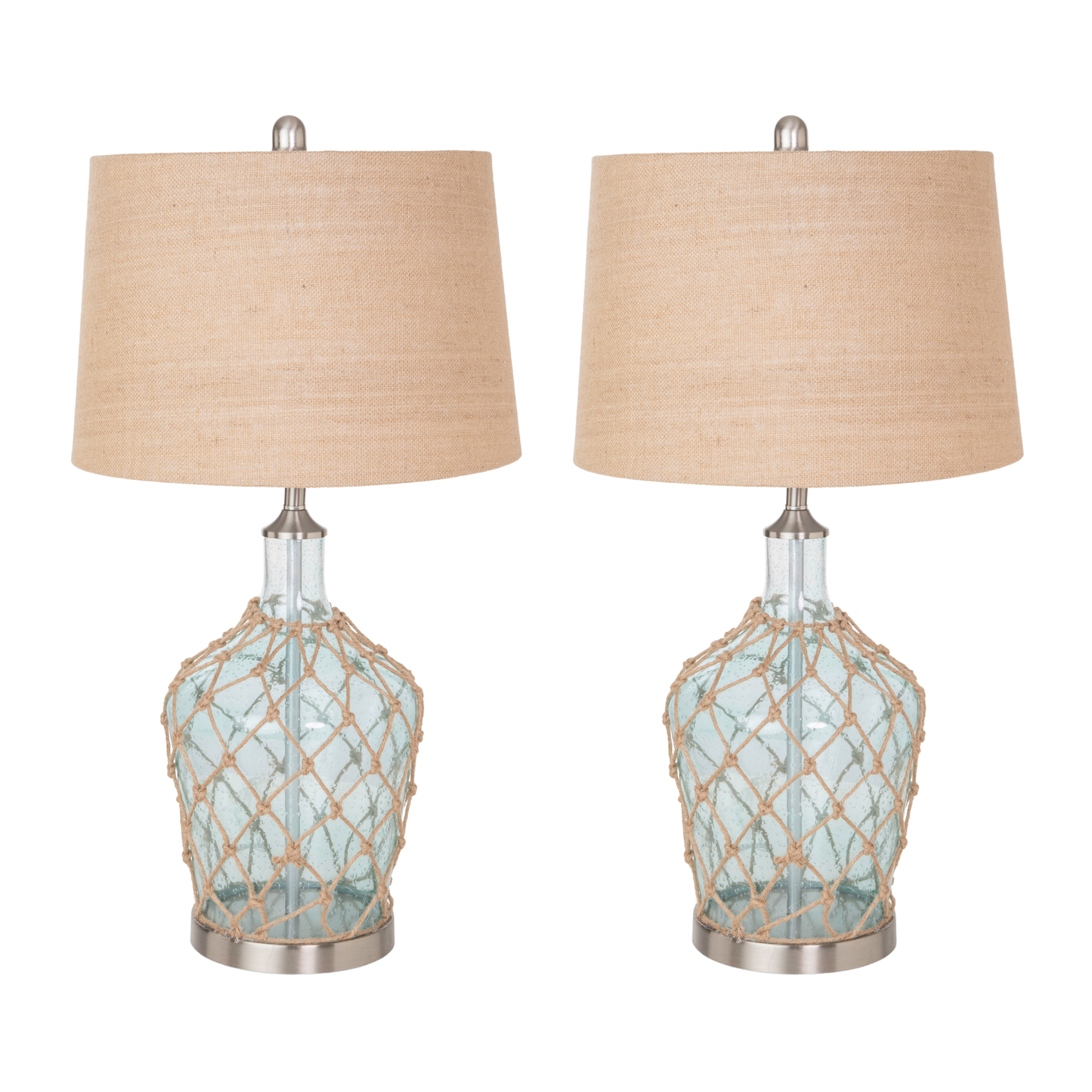 Coastal Glass Jug Table Lamp Set With Rope, 3-Way Switch