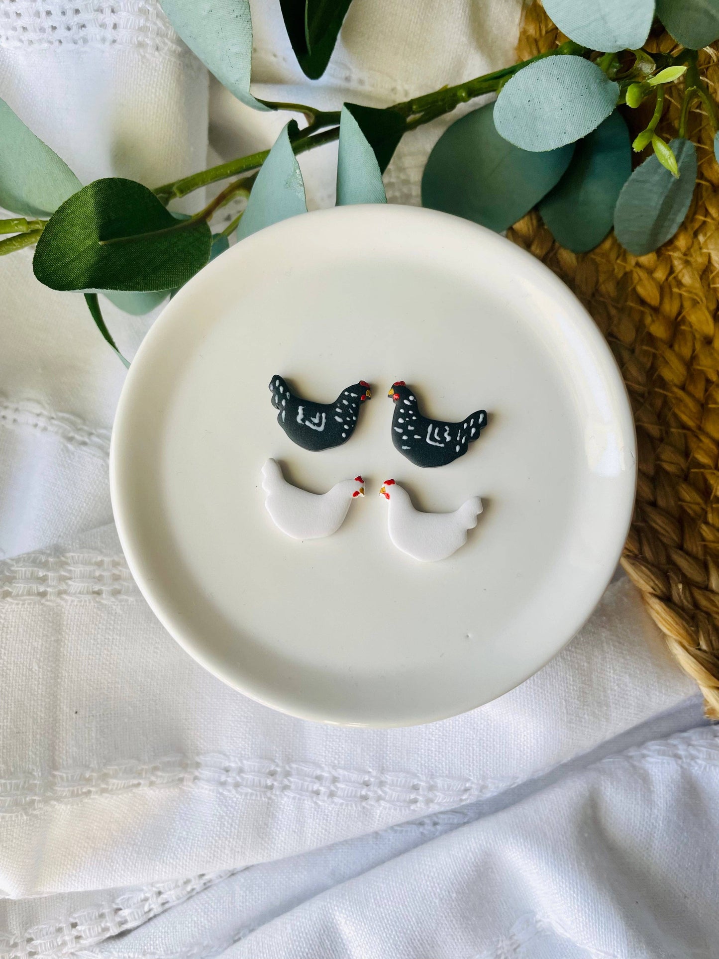 Black and White Chicken Stud Earrings