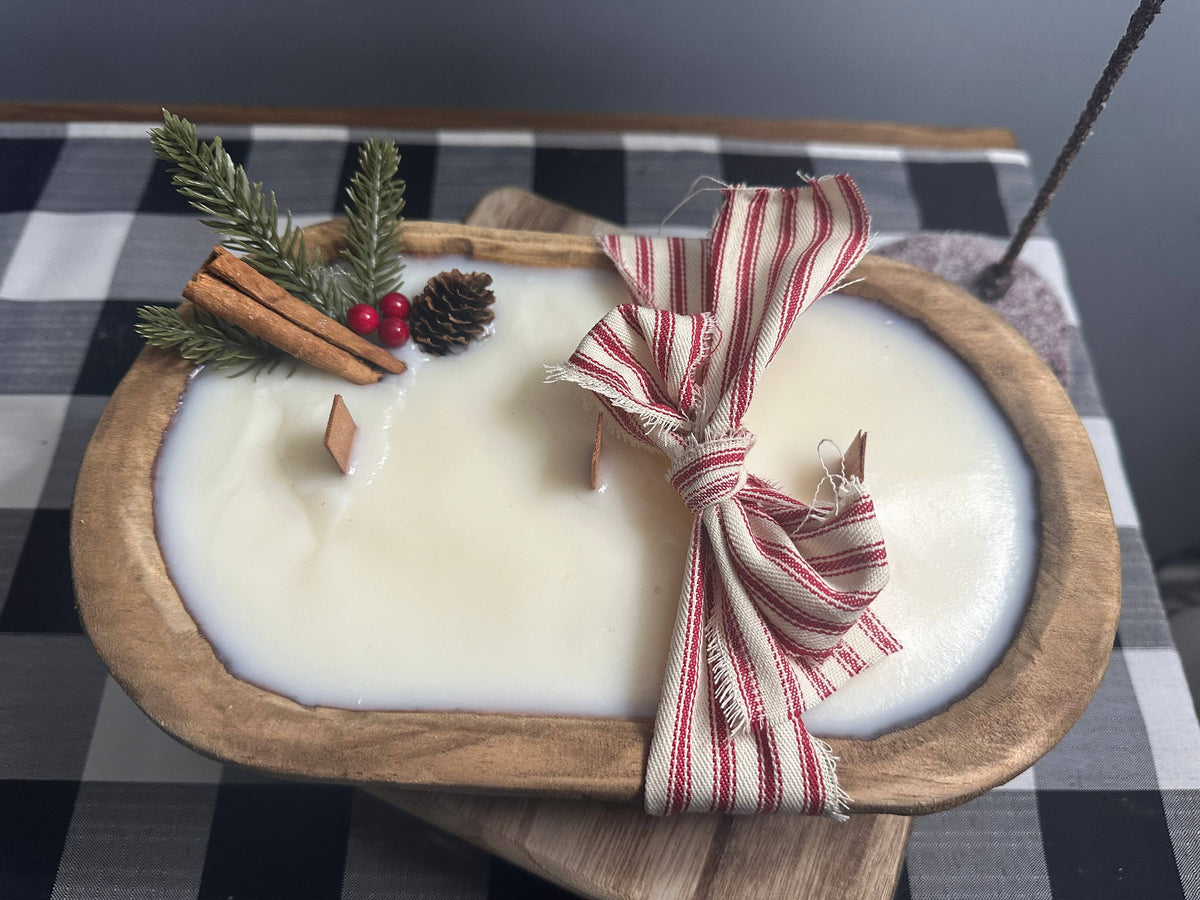 SOLD OUT.    Christmas Dough Bowl Soy Wax Candle w/ pine cone