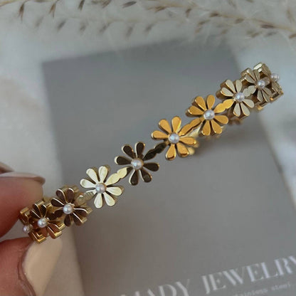 Flowers Bangle Bracelet Cuff 18k Gold stainless steel