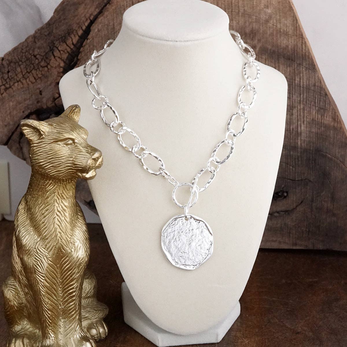 Nomad Glow – Front Toggle Statement Necklace with Hammered Disc