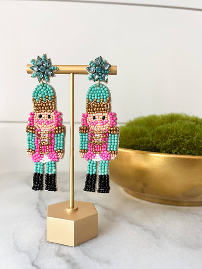 Nutcracker beaded earrings Pink & Turquoise 